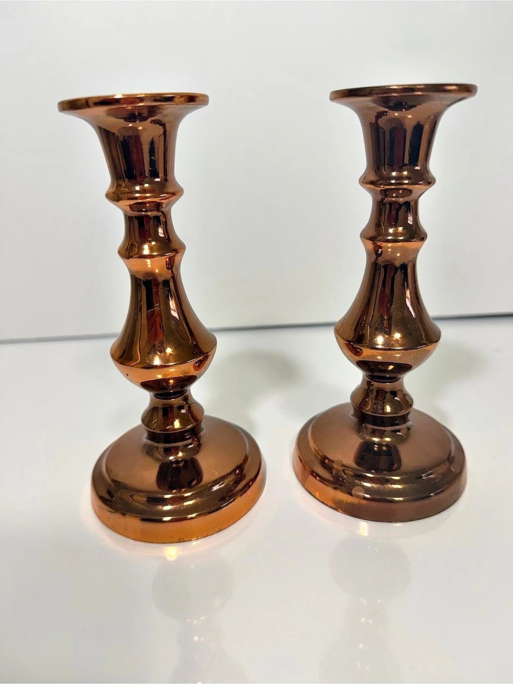 Vintage English Copper Brass Baluster Candlesticks Pair Made in England